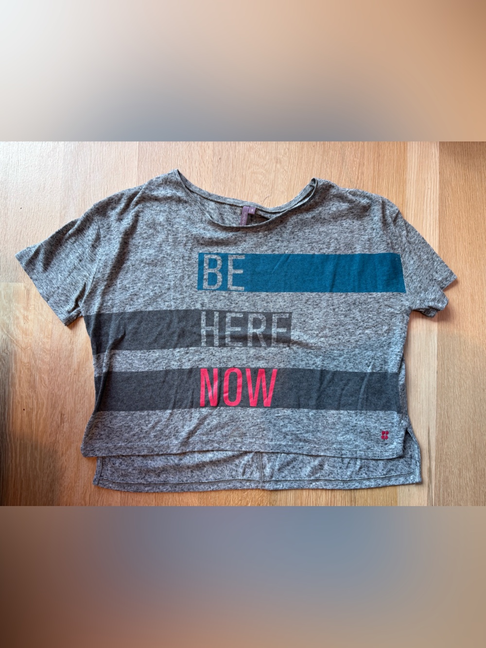 Sweaty Betty Gray Short-Sleeve Tee with Blue and Pink Graphic